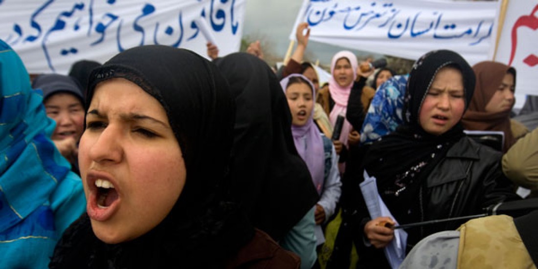 Image of women protesting in Kabul against the Shia Personal Status Law, which critics say legalizes marital rape